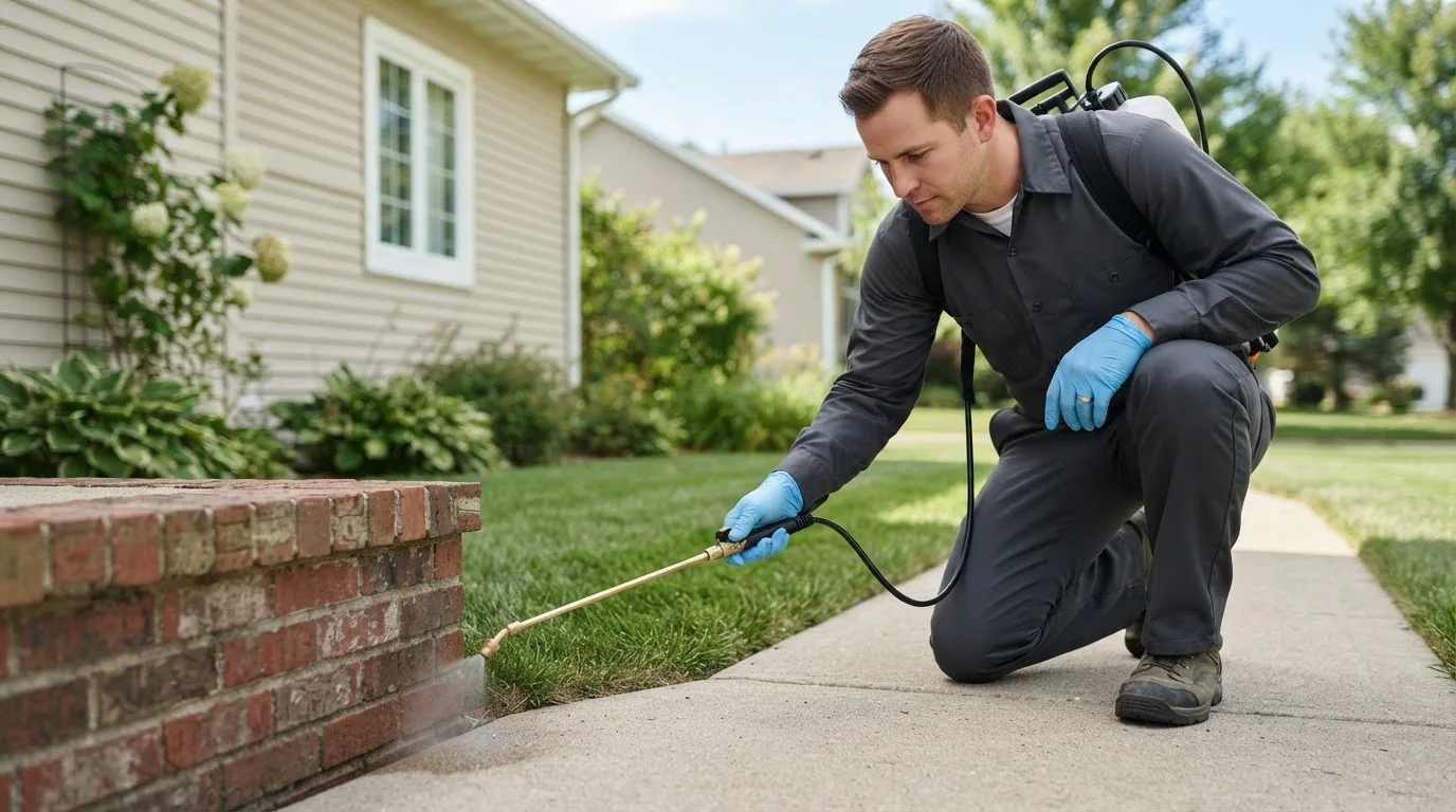 Pest control technician treating a home near Gilmore, AR